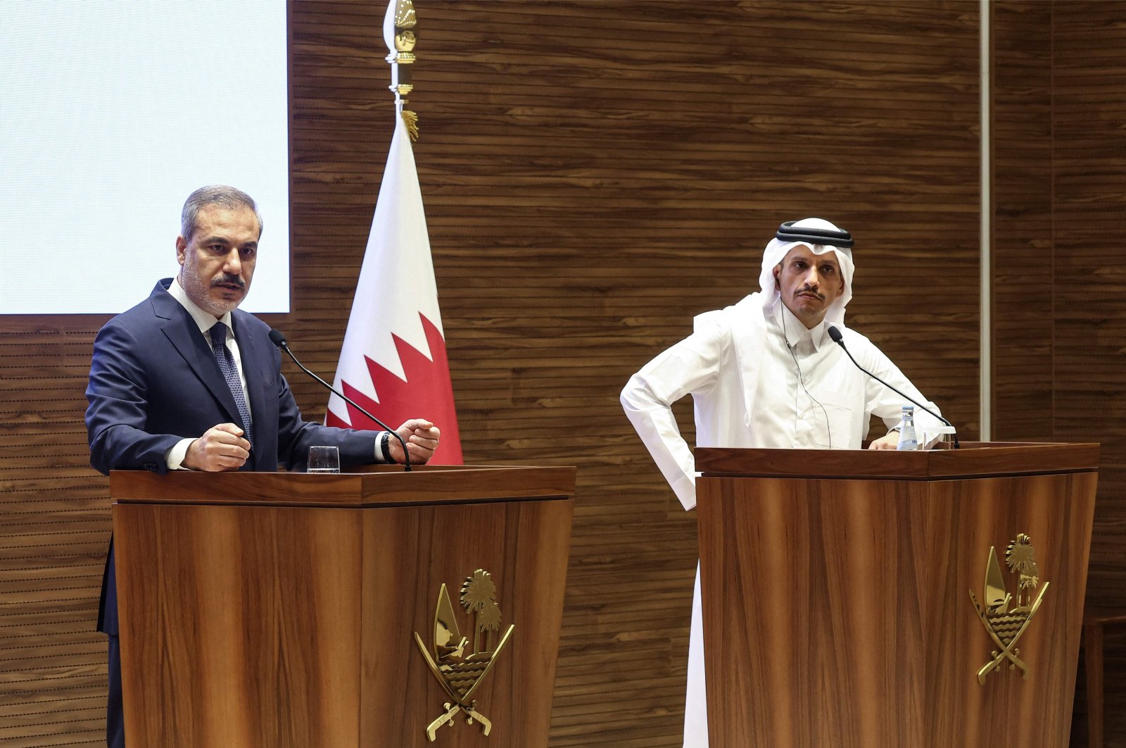 Qatar&#039;s Prime Minister and Foreign Minister Sheikh Mohammed bin Abdulrahman Al Thani (R) and Foreign Minister Hakan Fidan give a joint news conference, Doha, Qatar, April 17, 2024. (AFP Photo)