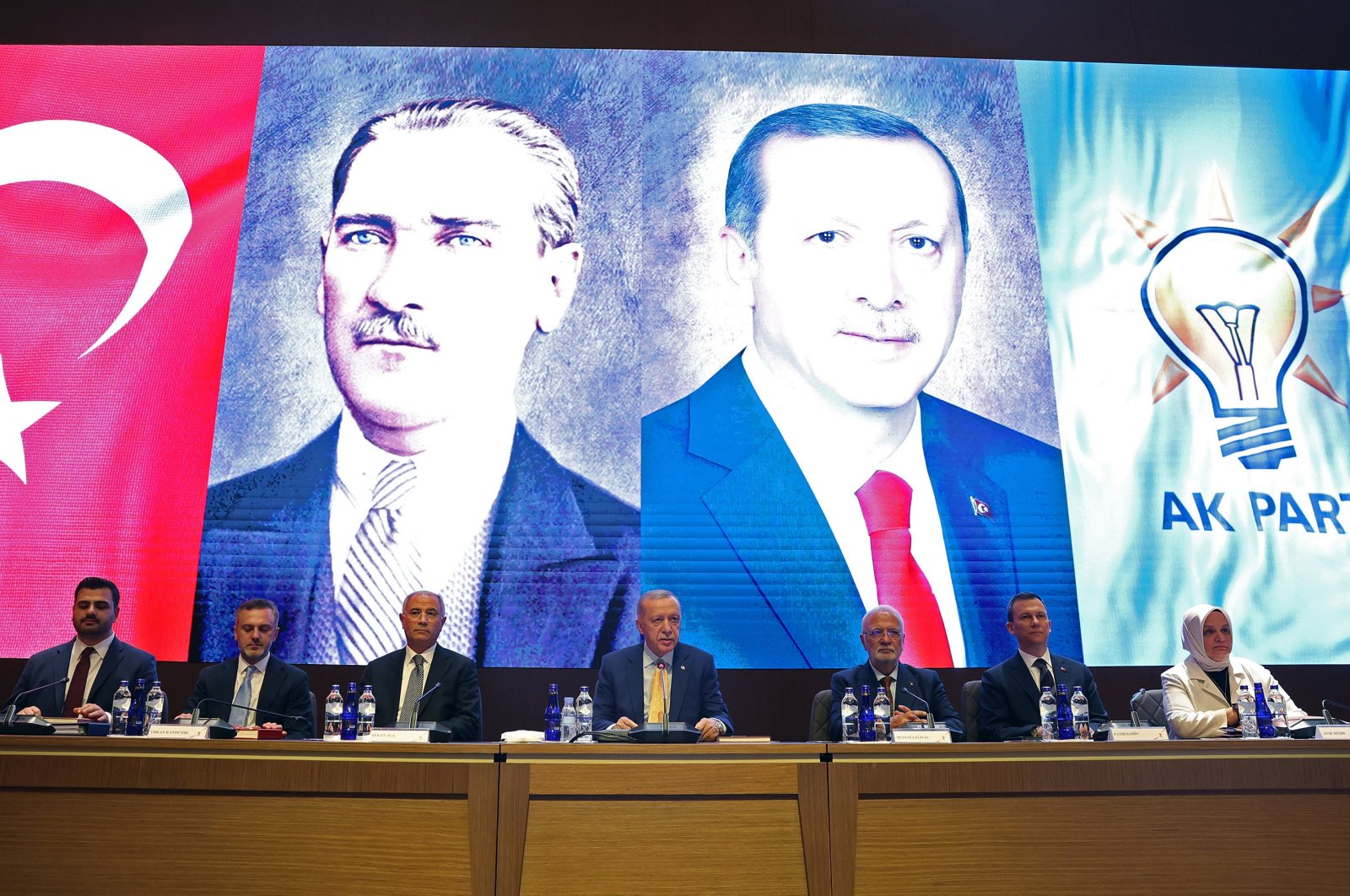 President Recep Tayyip Erdoğan (C) convenes his ruling Justice and Development Party&#039;s (AK Party) central decision-making and administrative committee, Ankara, Türkiye, April 18, 2024. (AA Photo)