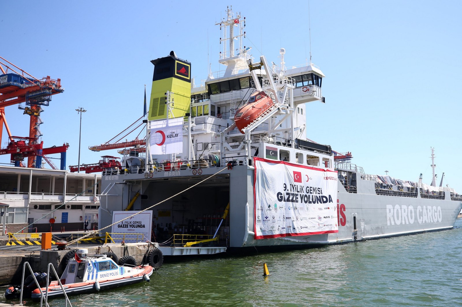 A Turkish Red Crescent (Kızılay) aid vessel at the port before its departure for Gaza, Mersin, southern Türkiye, April 16, 2024. (AA Photo)