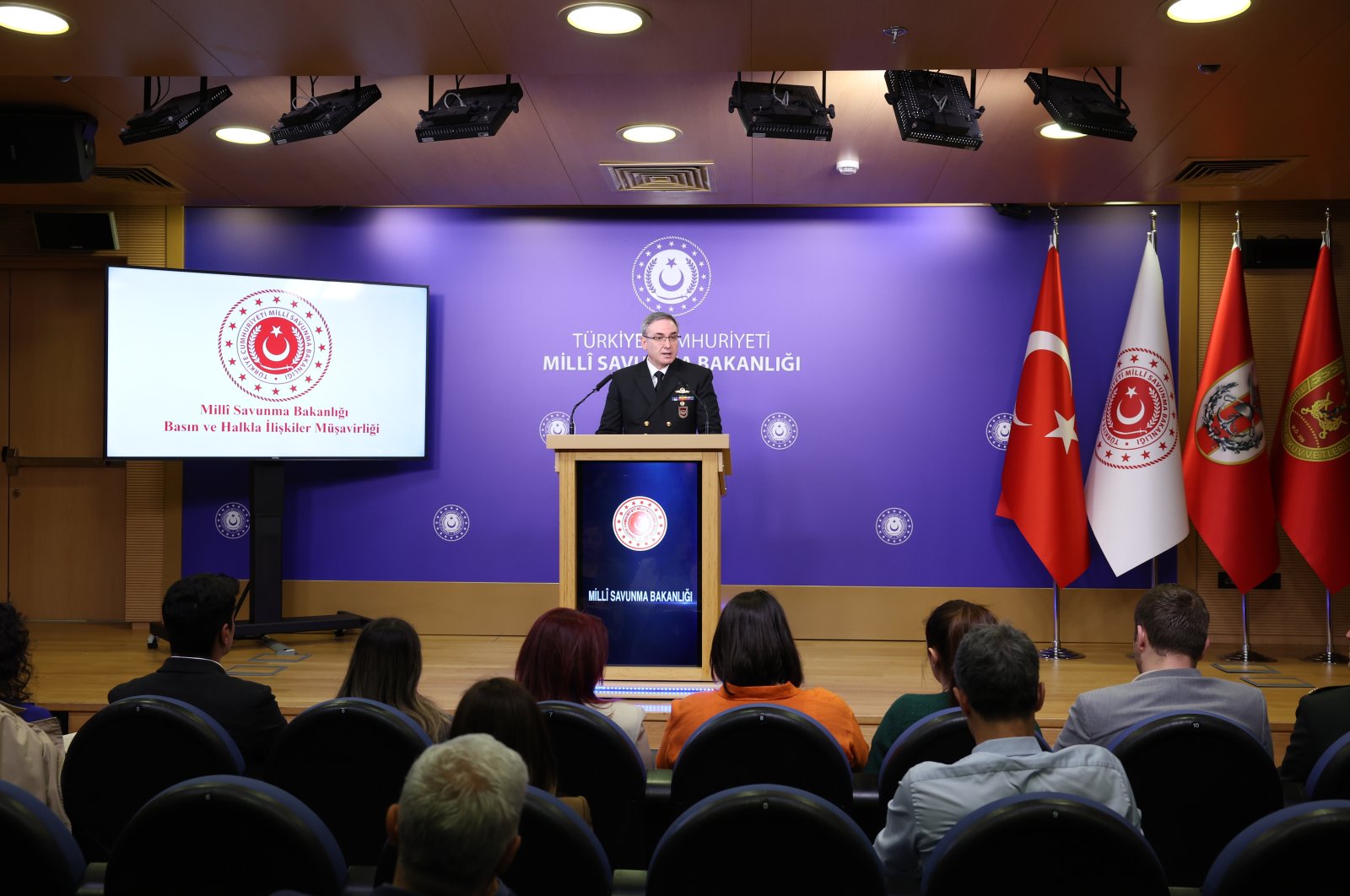 Defense Ministry spokesperson Zeki Aktürk speaks to reporters in Ankara, Türkiye, April 18, 2024. (DHA Photo)