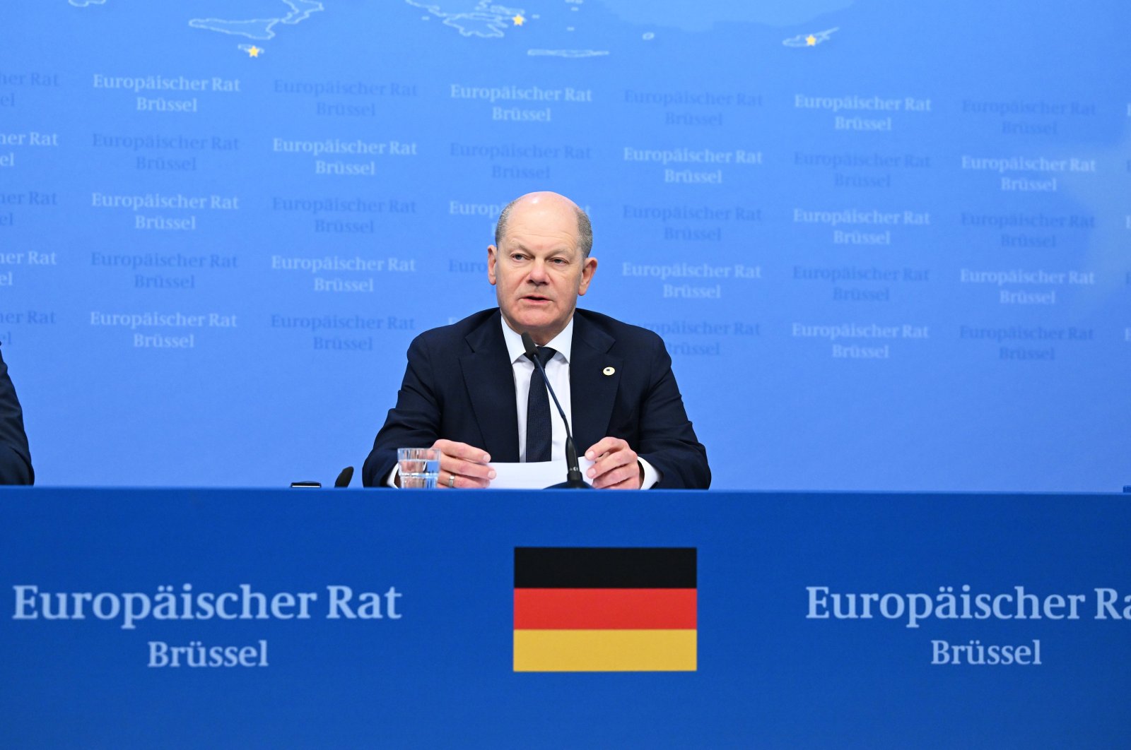 German Chancellor Olaf Scholz speaks to reporters at the end of a two-day EU summit in Brussels, April 18, 2024. (AA Photo)