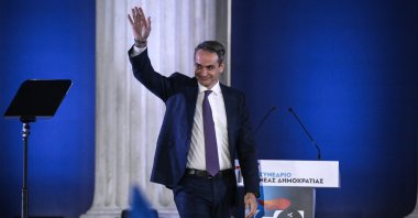 Greek Prime Minister Kyriakos Mitsotakis waves at supporters at an event in Athens, Greece, April 5, 2024. (AFP Photo)