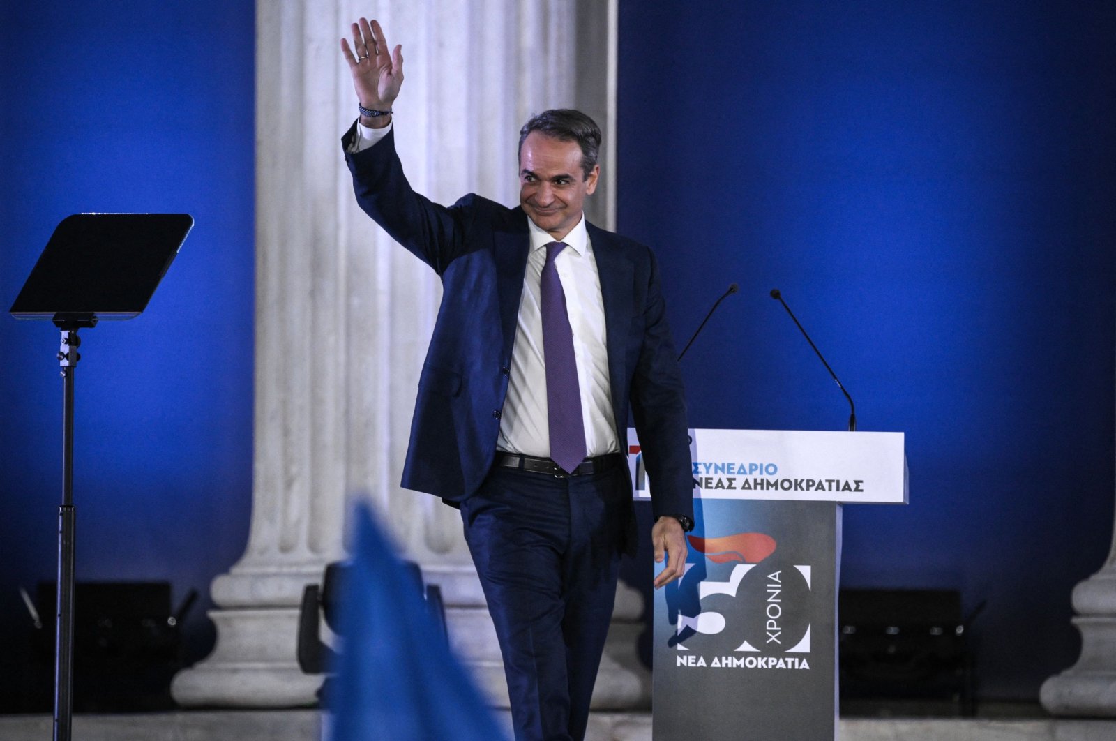 Greek Prime Minister Kyriakos Mitsotakis waves at supporters at an event in Athens, Greece, April 5, 2024. (AFP Photo)