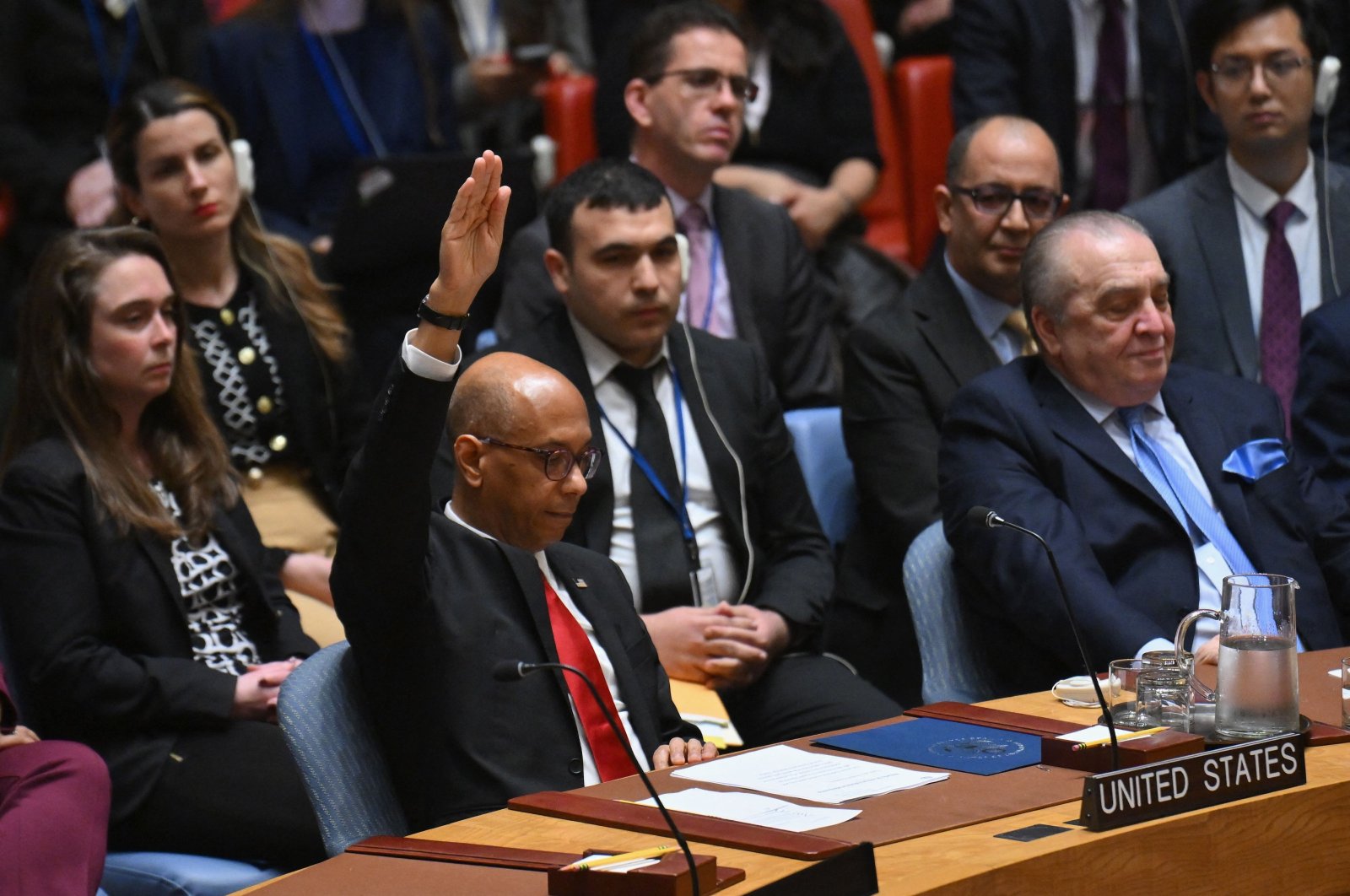 U.S. Deputy Ambassador to the U.N. Robert Wood votes against a resolution allowing Palestinian U.N. membership at United Nations headquarters in New York, U.S., April 18, 2024. (AFP Photo)