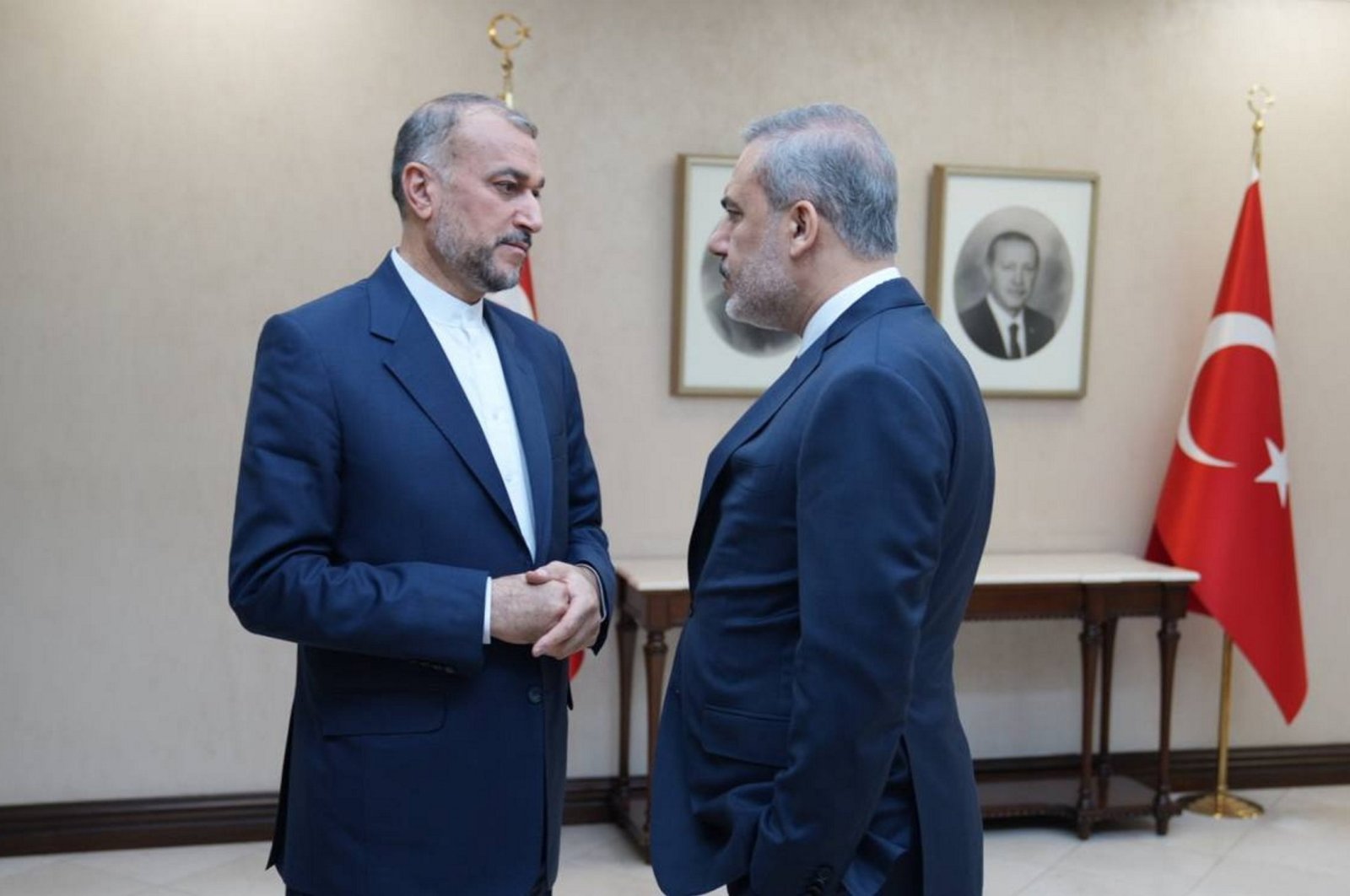 A handout picture made available by the Iranian Foreign Ministry shows Iranian Foreign Minister Hossein Amirabdollahian (L) speaking with Foreign Minister Hakan Fidan (R), during a meeting in Ankara, Türkiye, Nov. 1, 2023. (EPA Photo)