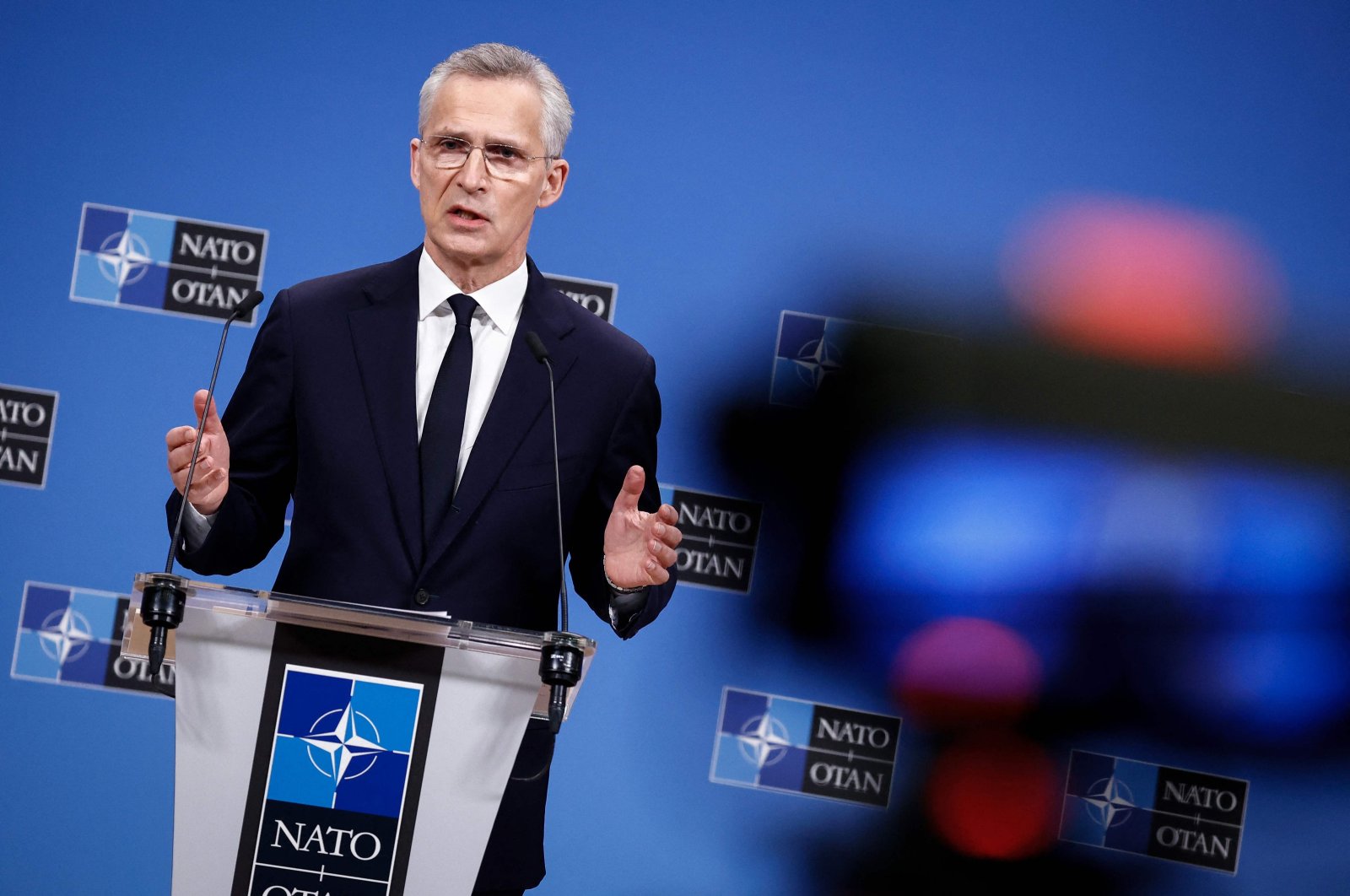 Secretary-General of NATO Jens Stoltenberg gestures during a news conference at the end of a virtual meeting of the NATO-Ukraine Council (NUC) at the NATO headquarters in Brussels, April 19, 2024. (AFP Photo)