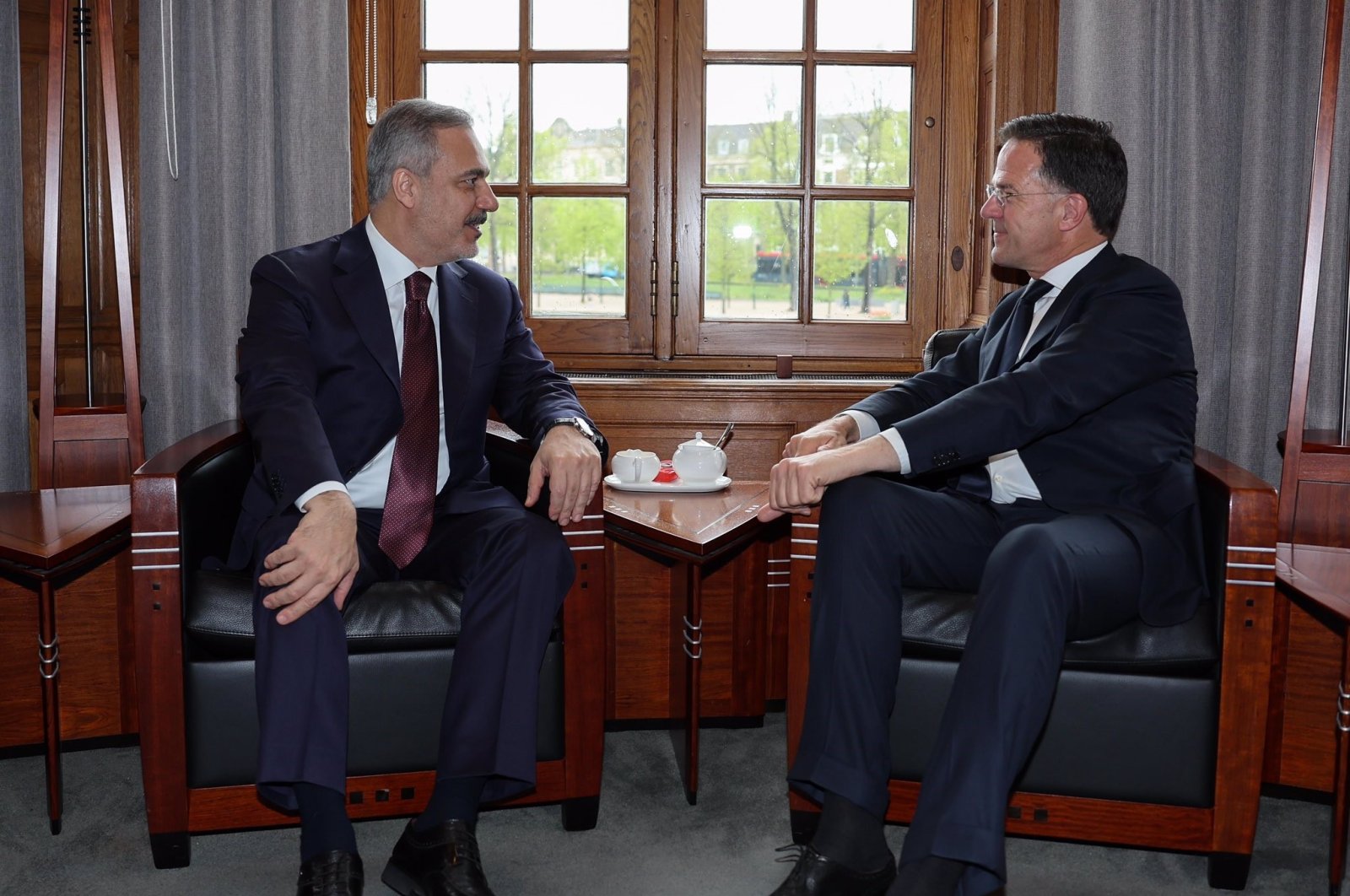 Foreign Minister Hakan Fidan and Dutch Prime Minister Mark Rutte hold a meeting in The Hague on Friday, April 19, 2024. (IHA Photo)