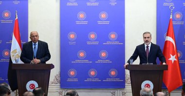 Foreign Minister Hakan Fidan and Egyptian Counterpart Sameh Shoukry speak at joint news conference in Istanbul, April 20, 2024. (AA Photo)