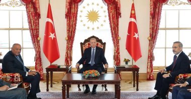 President Erdoğan holds talks with Egyptian Foreign Minister Sameh Shoukry (left) and Foreign Minister Hakan Fidan in Istanbul, April 20, 2024. (AA Photo)