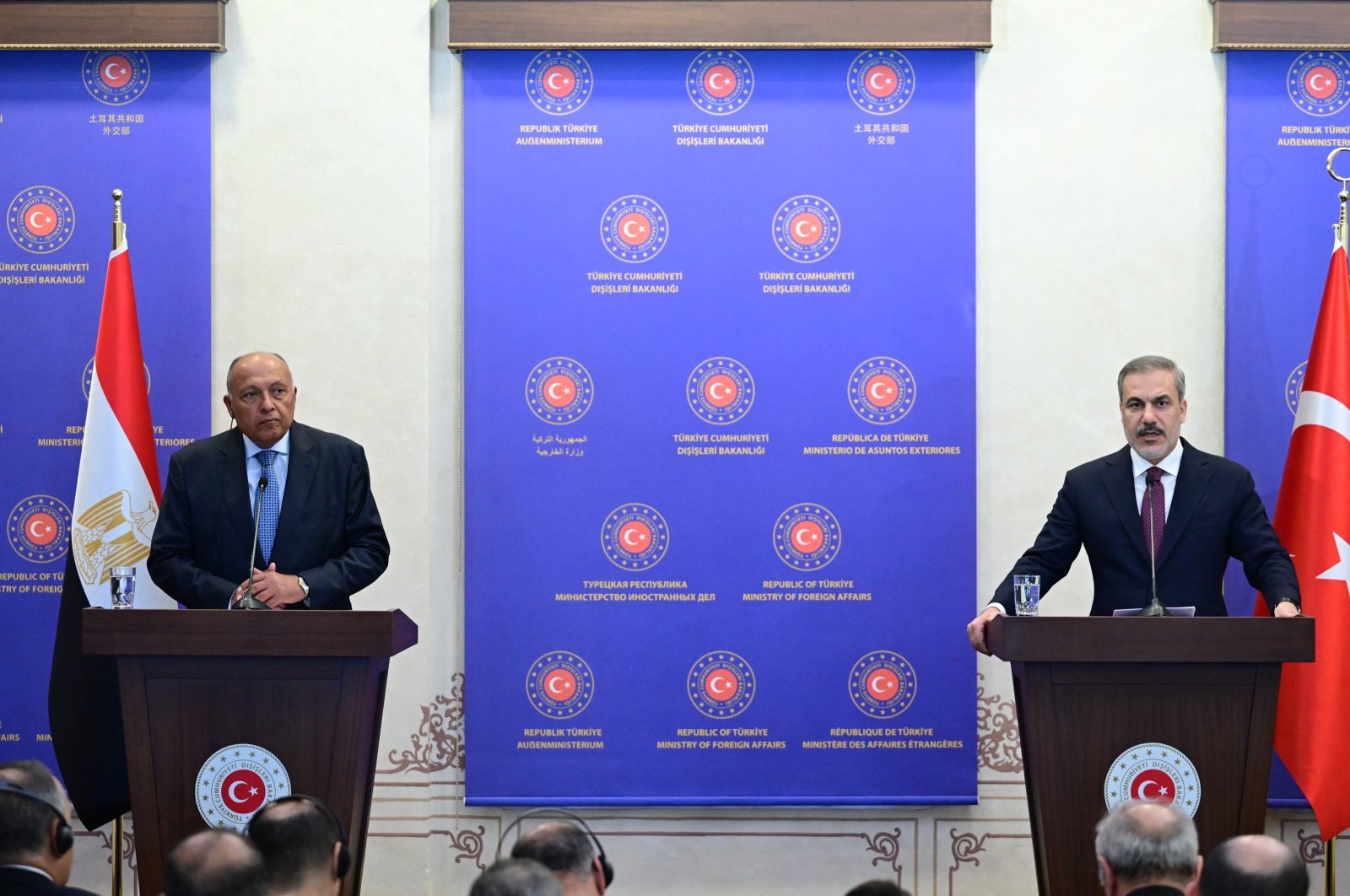 Foreign Minister Hakan Fidan and Egyptian Counterpart Sameh Shoukry speak at joint news conference in Istanbul, April 20, 2024. (AA Photo)