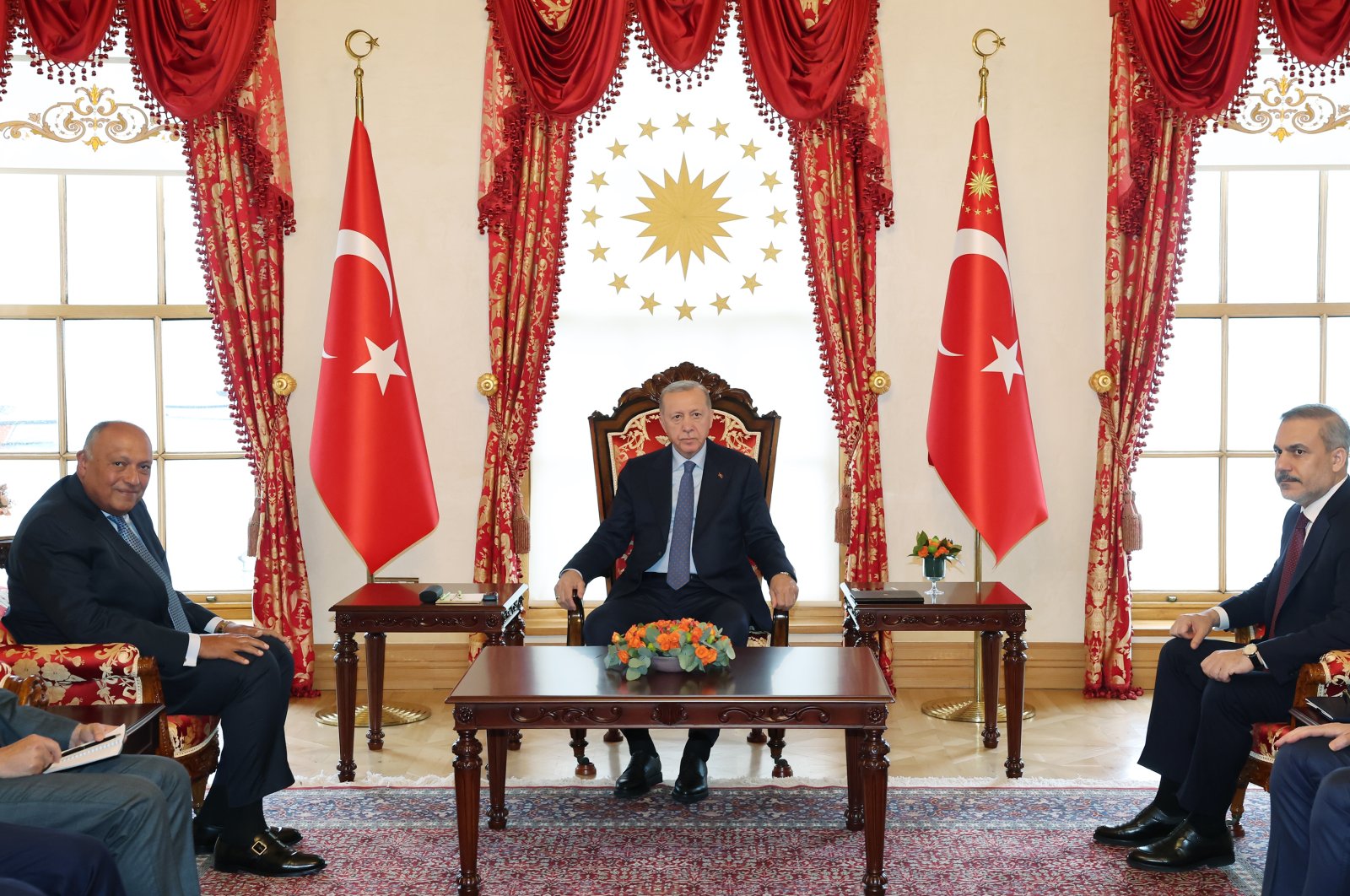 President Erdoğan holds talks with Egyptian Foreign Minister Sameh Shoukry (left) and Foreign Minister Hakan Fidan in Istanbul, April 20, 2024. (AA Photo)
