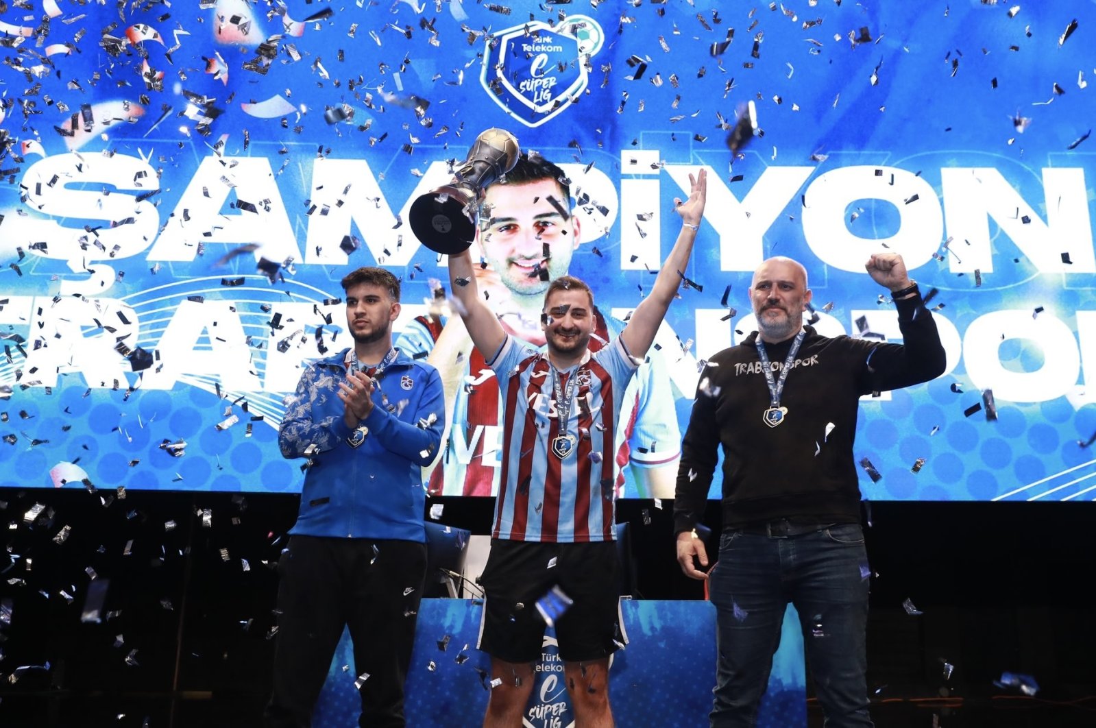 The Trabzonspor eFootball team celebrate after beating Ankaragücü to win the eSüper Lig championship title, Istanbul, Türkiye, April 21, 2024. (DHA Photo)