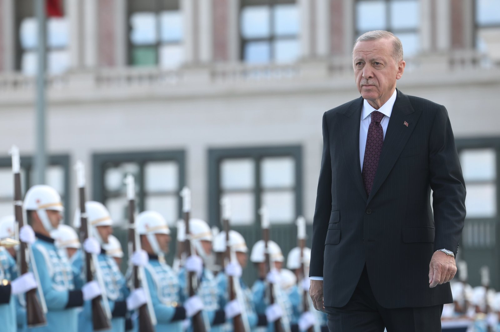 President Recep Tayyip Erdoğan walks to welcome his Tanzanian counterpart Samia Suluhu Hassan in Ankara, Türkiye, on April 19, 2024. (DHA Photo)