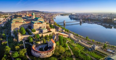 Aerial panoramic skyline view of Buda Castle Royal Palace with Szechenyi Chain Bridge. (Shutterstock Photo)