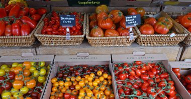 Varieties of tomatoes are displayed for sale at Panzer&#039;s Delicatessen and Grocery in London, Britain, March 26, 2024. (Reuters Photo)