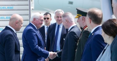 German President Frank-Walter Steinmeier (2nd L) shakes hands with Istanbul Governor Davut Gül at the airport, Istanbul, Türkiye, April 22, 2024. (İHA Photo)