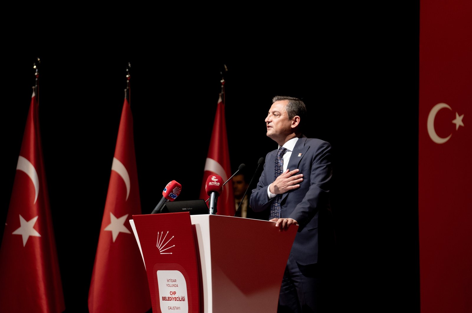 Özgür Özel speaks at an event at the Republican People’s Party (CHP) headquarters, in the capital Ankara, Türkiye, April 20, 2024. (AA Photo)