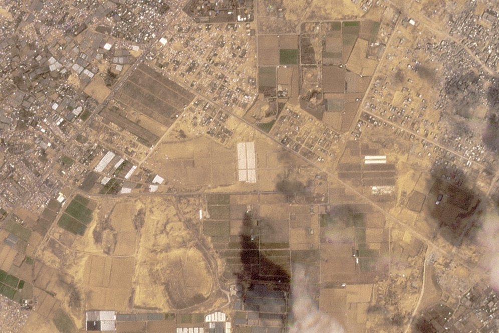 This satellite image from Planet Labs PBC shows tents being constructed near Khan Younis in the Gaza Strip, Palestine, Sunday, April 21, 2024. (AP Photo)