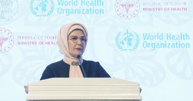 First lady Emine Erdoğan delivers her welcoming speech at the 15th Annual IRCH Meeting and Workshop, Istanbul, Türkiye, April 22, 2024. (IHA Photo)