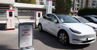 A Tesla model is photographed charging within the complex of Medical Point Hospital at an undisclosed location, Türkiye, April 14, 2024. (AA Photo)