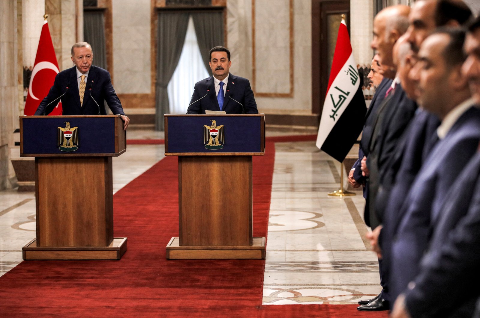 Iraq&#039;s Prime Minister Mohammed Shia al-Sudani (R) and President Recep Tayyip Erdoğan give a joint statement to the media in Baghdad, Iraq, April 22, 2024. (Reuters Photo)