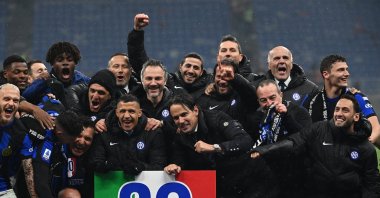 The Inter Milan squad celebrate after winning the 20th Serie A title, Milan, Italy, April, 2024. (AA Photo)