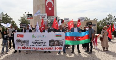 Protesters condemn Armenia&#039;s &quot;genocide&quot; claims as they gather to remember victims of Armenian gangs, Van, eastern Türkiye, April 24, 2024. (İHA Photo)