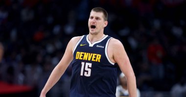 Denver Nuggets' Nikola Jokic celebrates a score during a 102-100 LA Clippers win at Crypto.com Arena, Los Angeles, California, U.K., April 4, 2024. (AFP Photo)