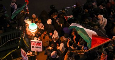 Demonstrators face off with NYPD officials during pro-Palestine protests, in New York City, U.S., April 24, 2024. (Reuters Photo)