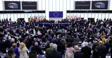 Members of the European Parliament stand as they listen to the European anthem during a formal sitting on the 20th anniversary of the 2004 EU Enlargement at the European Parliament in Strasbourg, France, April 24, 2024. (EPA Photo)