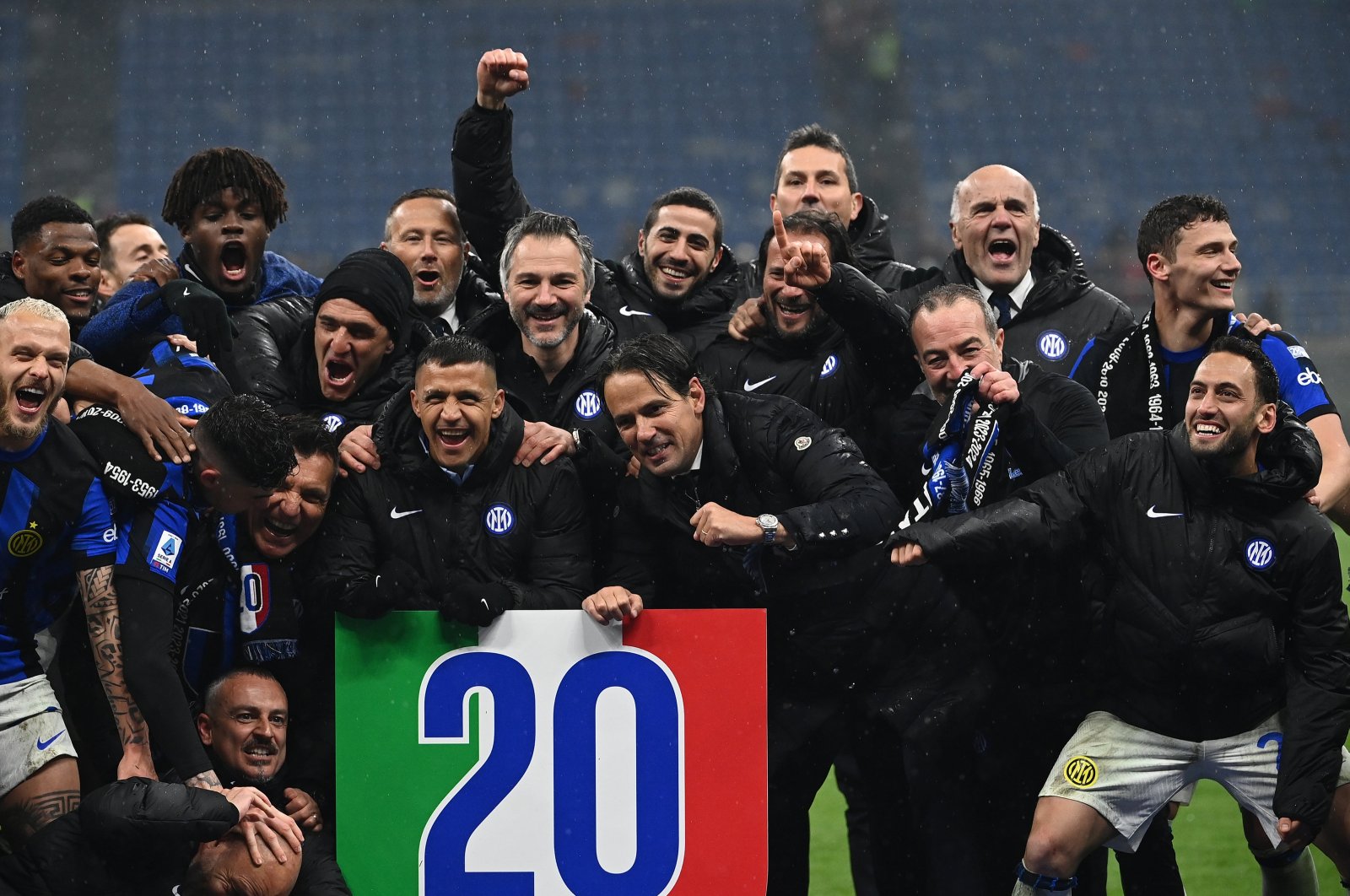 The Inter Milan squad celebrate after winning the 20th Serie A title, Milan, Italy, April, 2024. (AA Photo)