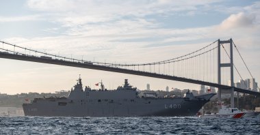 On the occasion of the 100th anniversary of the founding of the Republic of Türkiye, the warship TCG Anadolu belonging to the Turkish Navy is seen during the official parade in the Bosporus, Istanbul, Türkiye, Oct. 29, 2023. (Reuters Photo)