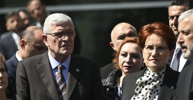 IP leader Meral Akşener (R) visits the Supreme Election Board with Müsavat Dervişoğlu, the candidate for party leadership, Ankara, Türkiye, April 9, 2024. (AA Photo)