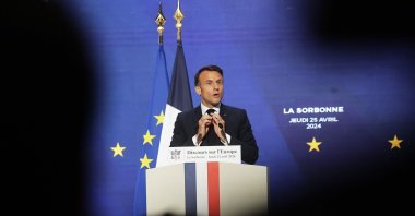 French President Emmanuel Macron delivers a speech on Europe in an amphitheater of the Sorbonne University in Paris, France, April 25, 2024. (AFP Photo)