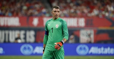 Uruguay goalkeeper Fernando Muslera is seen during the second half of a friendly football match against the United States, in St. Louis. Sept. 10, 2019. (AP File Photo)