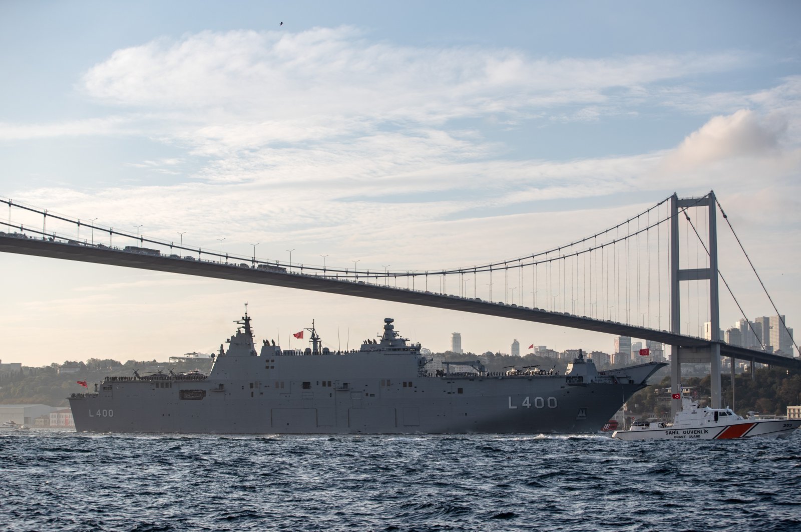 On the occasion of the 100th anniversary of the founding of the Republic of Türkiye, the warship TCG Anadolu belonging to the Turkish Navy is seen during the official parade in the Bosporus, Istanbul, Türkiye, Oct. 29, 2023. (Reuters Photo)