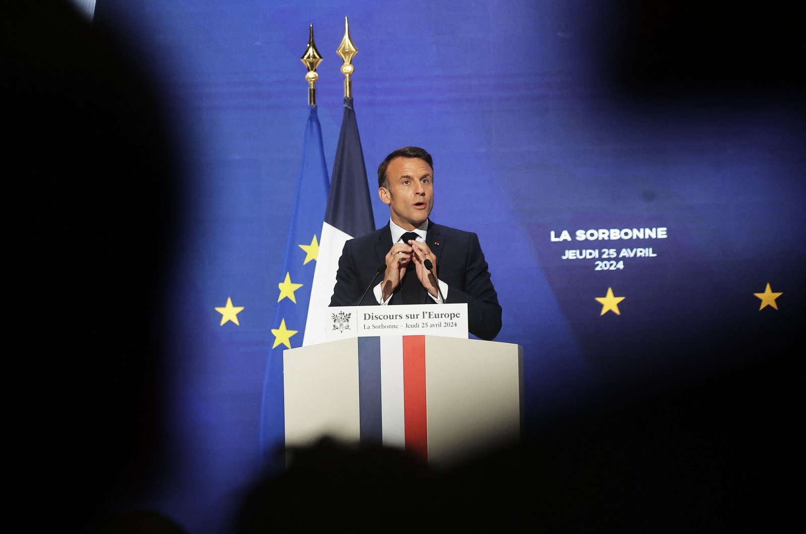 French President Emmanuel Macron delivers a speech on Europe in an amphitheater of the Sorbonne University in Paris, France, April 25, 2024. (AFP Photo)