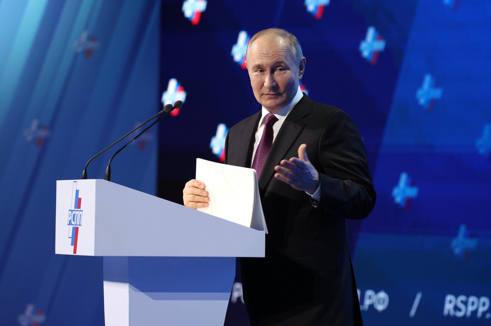 Russian President Vladimir Putin speaks at the annual congress of the Russian Union of Industrialists and Entrepreneurs (RSPP) in Moscow, Russia, April 25, 2024. (EPA Photo)