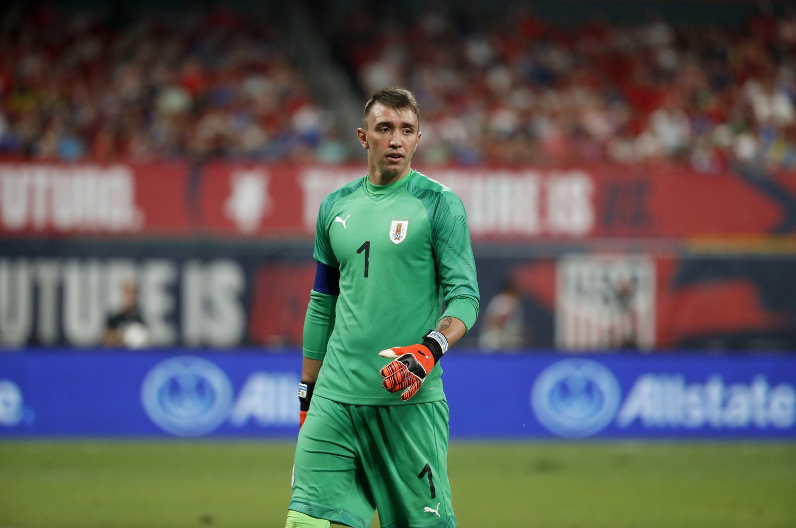 Uruguay goalkeeper Fernando Muslera is seen during the second half of a friendly football match against the United States, in St. Louis. Sept. 10, 2019. (AP File Photo)