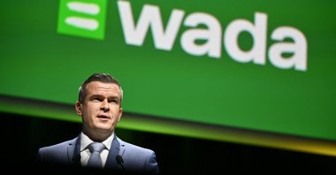 World Anti-Doping Agency (WADA) President Witold Banka delivers a speech at a symposium in Lausanne, Switzerland, March 12, 2024. (AFP Photo)