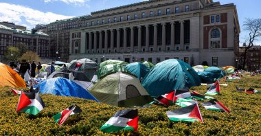 Student demonstrators occupy the pro-Palestinian "Gaza Solidarity Encampment" on the West Lawn of Columbia University, New York City, U.S., April 24, 2024. (AFP Photo)