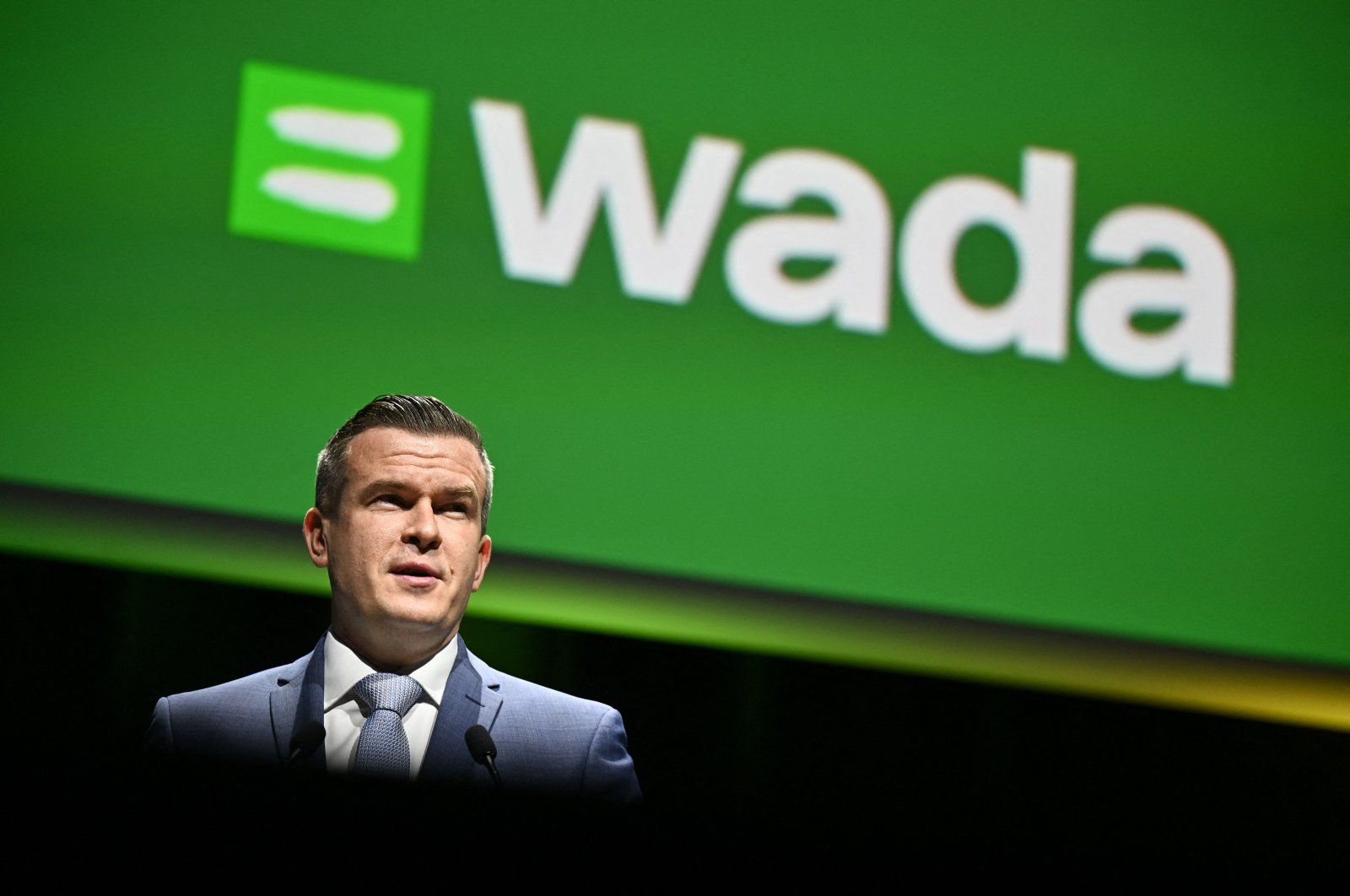 World Anti-Doping Agency (WADA) President Witold Banka delivers a speech at a symposium in Lausanne, Switzerland, March 12, 2024. (AFP Photo)