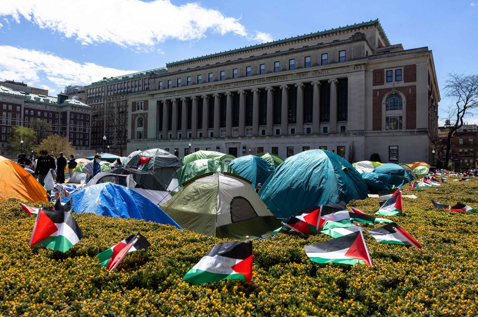 Student demonstrators occupy the pro-Palestinian &quot;Gaza Solidarity Encampment&quot; on the West Lawn of Columbia University, New York City, U.S., April 24, 2024. (AFP Photo)
