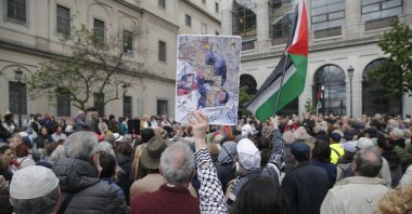 A prominent group of artists and intellectuals gathered in front of Reina Sofia Museum to express support for Palestine and say "no" to genocide and terrorism, Madrid, Spain, April 26, 2024. (AA Photo)
