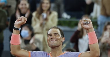 Spain&#039;s Rafael Nadal celebrates his win over Alex de Minaur following their second round tennis match at the Madrid Open, Madrid, Spain, April 27, 2024. (EPA Photo)