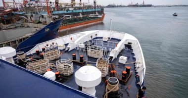 A view of the bow of the Akdeniz ro-ro ship, part of the flotilla, Istanbul, Türkiye, April 19, 2024. (AFP Photo)