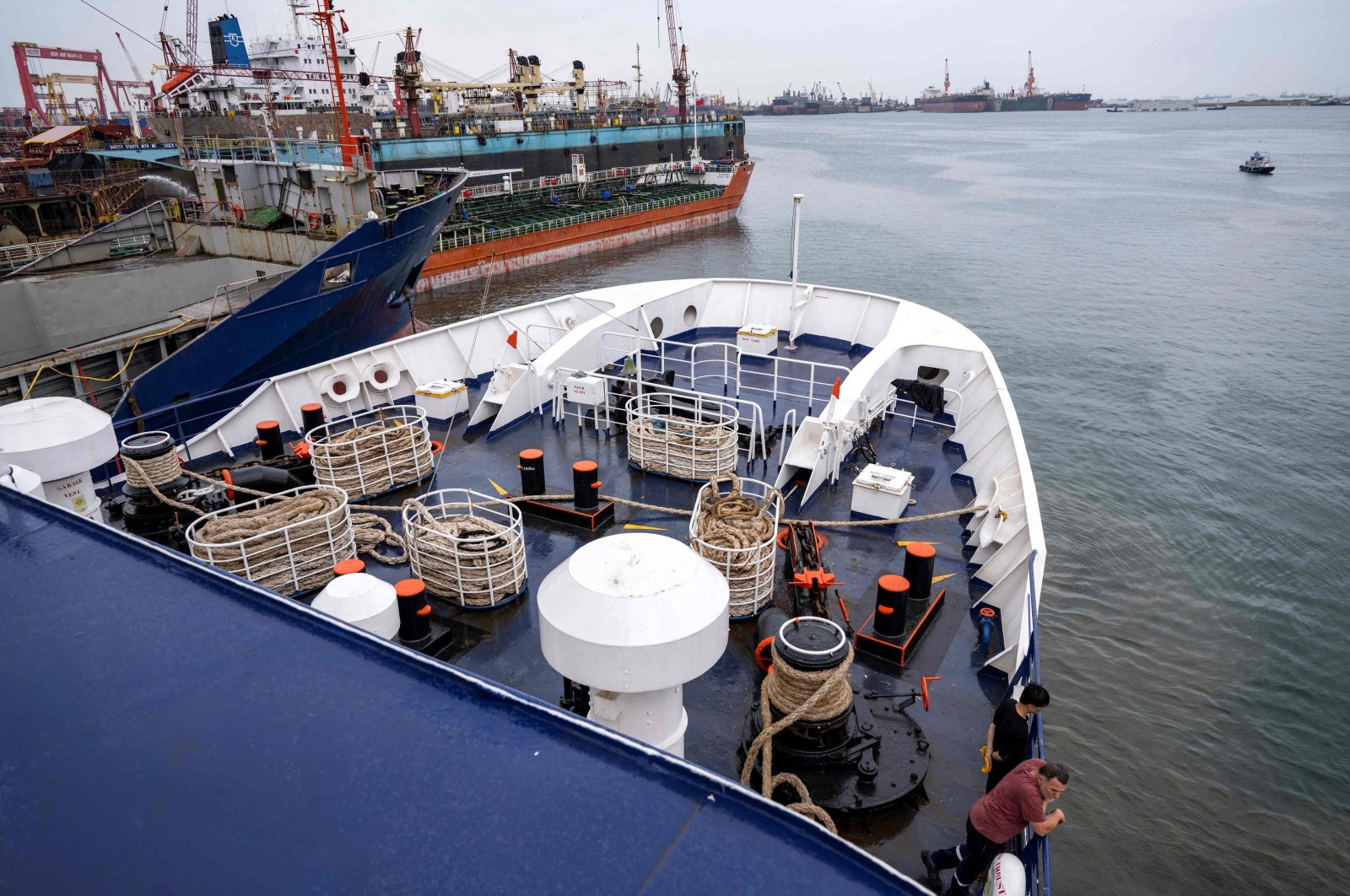 A view of the bow of the Akdeniz ro-ro ship, part of the flotilla, Istanbul, Türkiye, April 19, 2024. (AFP Photo)