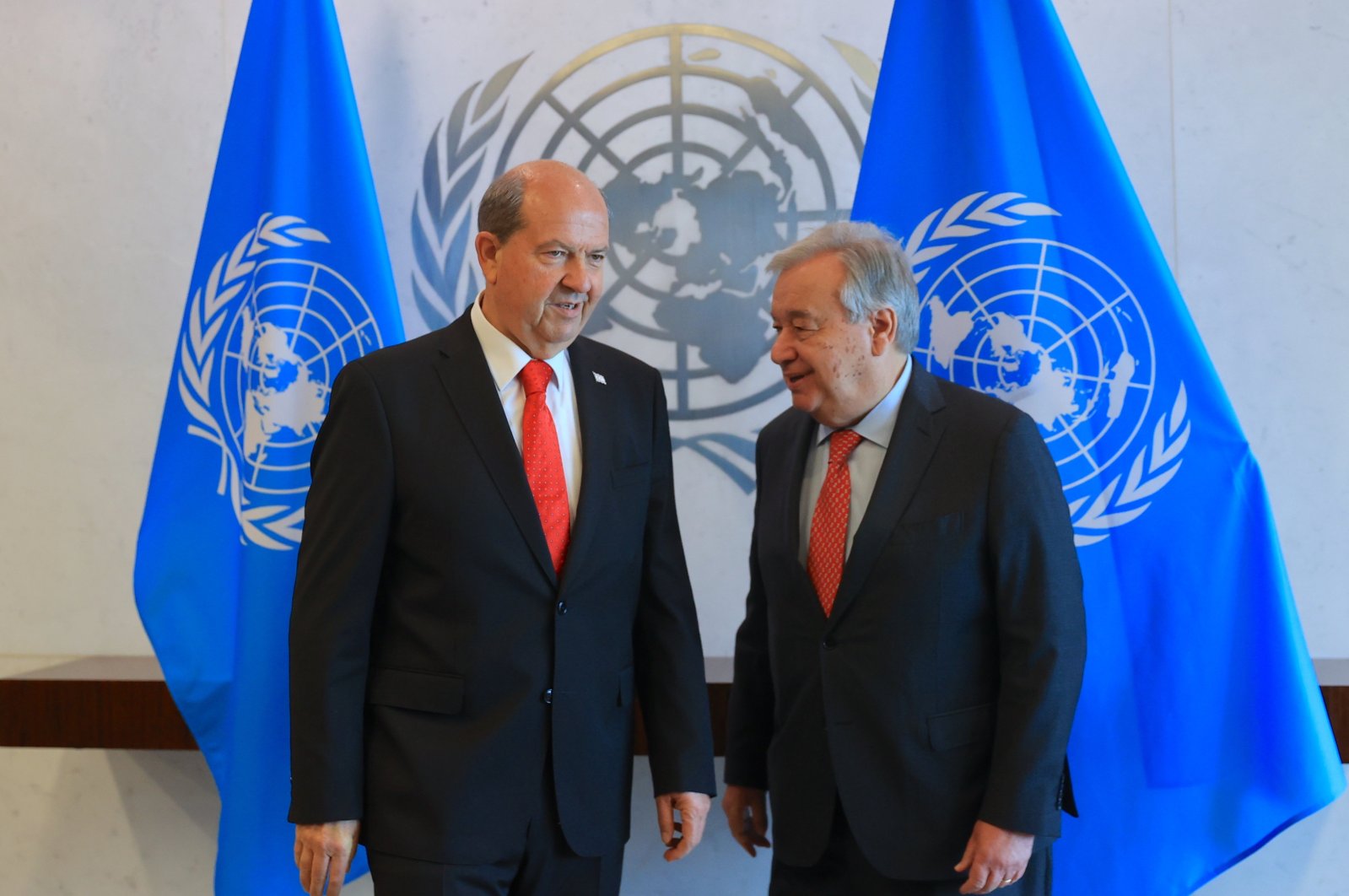 Turkish Republic of Northern Cyprus (TRNC) President Ersin Tatar (L) poses with U.N. Secretary-General Antonio Guterres after their meeting in New York, U.S., April 5, 2024. (AA Photo)