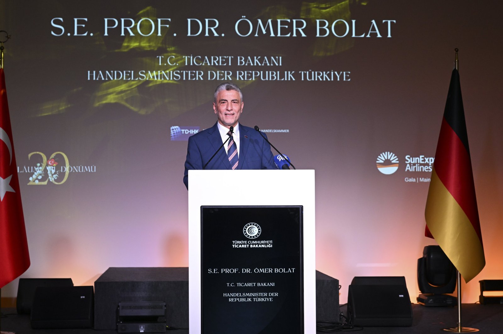 Trade Minister Ömer Bolat delivers a speech at  the 20th Anniversary Program of the Turkish-German Chamber of Commerce and Industry (TD IHK), Berlin, Germany, April 27, 2024. (AA Photo)

