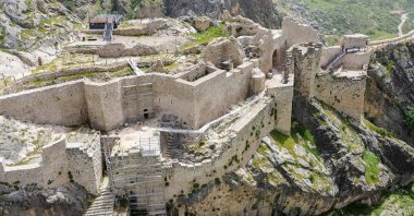 An aerial view of restoration work at Kahta Castle to repair damage caused by the Feb. 6 earthquake, Adıyaman, Türkiye, April 28, 2024. (AA Photo)